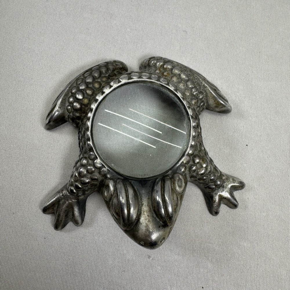 Vintage Paperweight and Magnifying Glass Metal Frog Toad Desktop